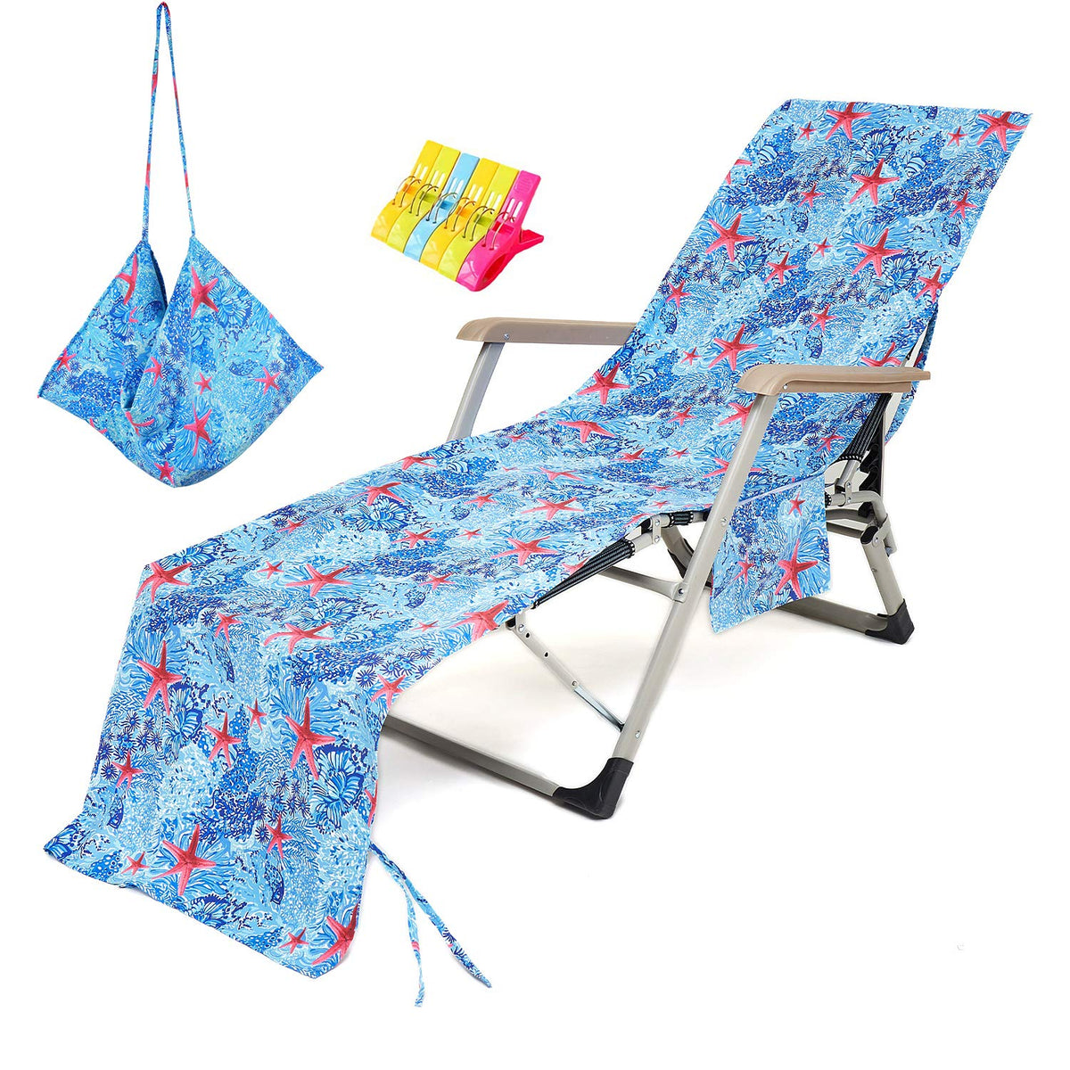 Beach Chair Towel Cover Chaise Chair Cover with Pockets and Clips