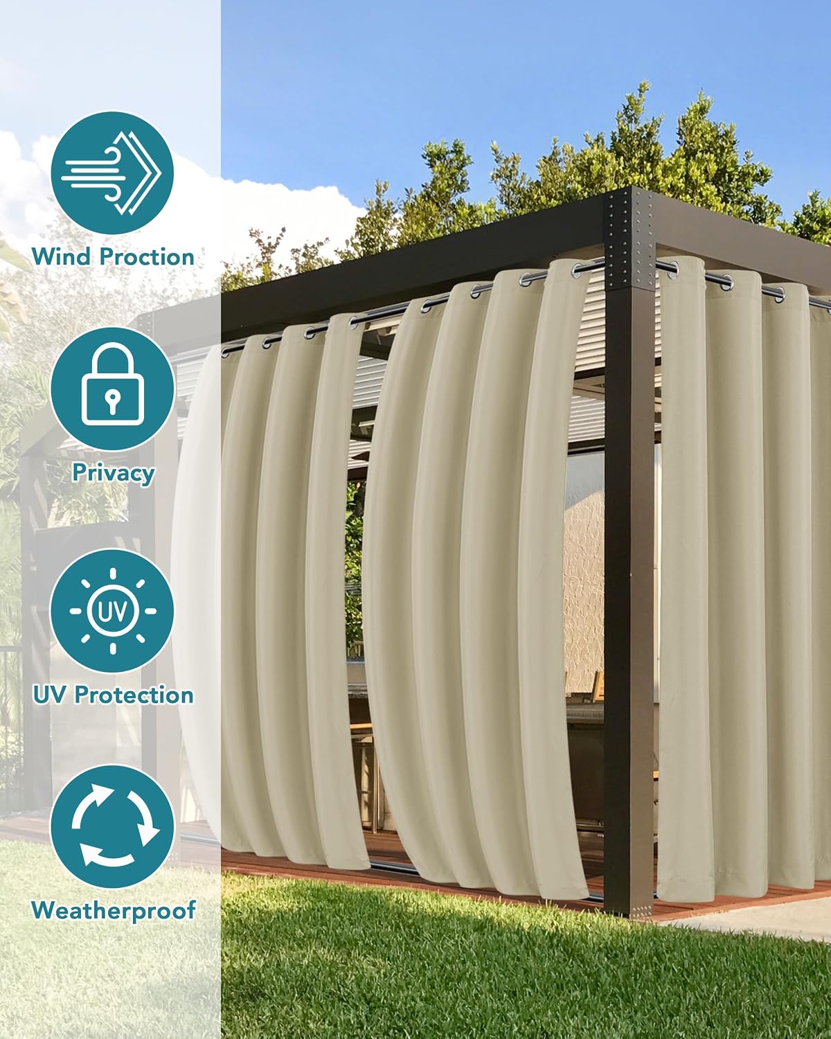Windproof Outdoor Curtains Waterproof 4 Pcs 110x108 In Cream - Set of 4