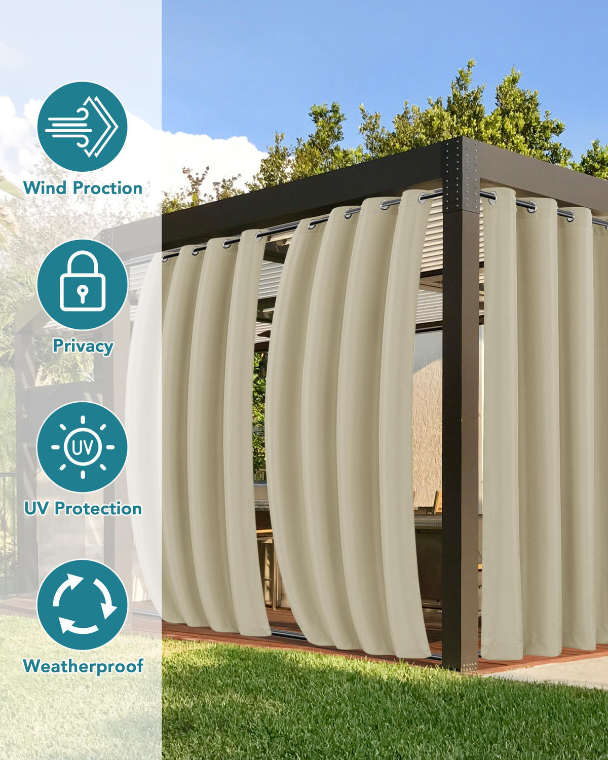 Windproof Outdoor Curtains Waterproof 4 Pcs 110x120 In Cream