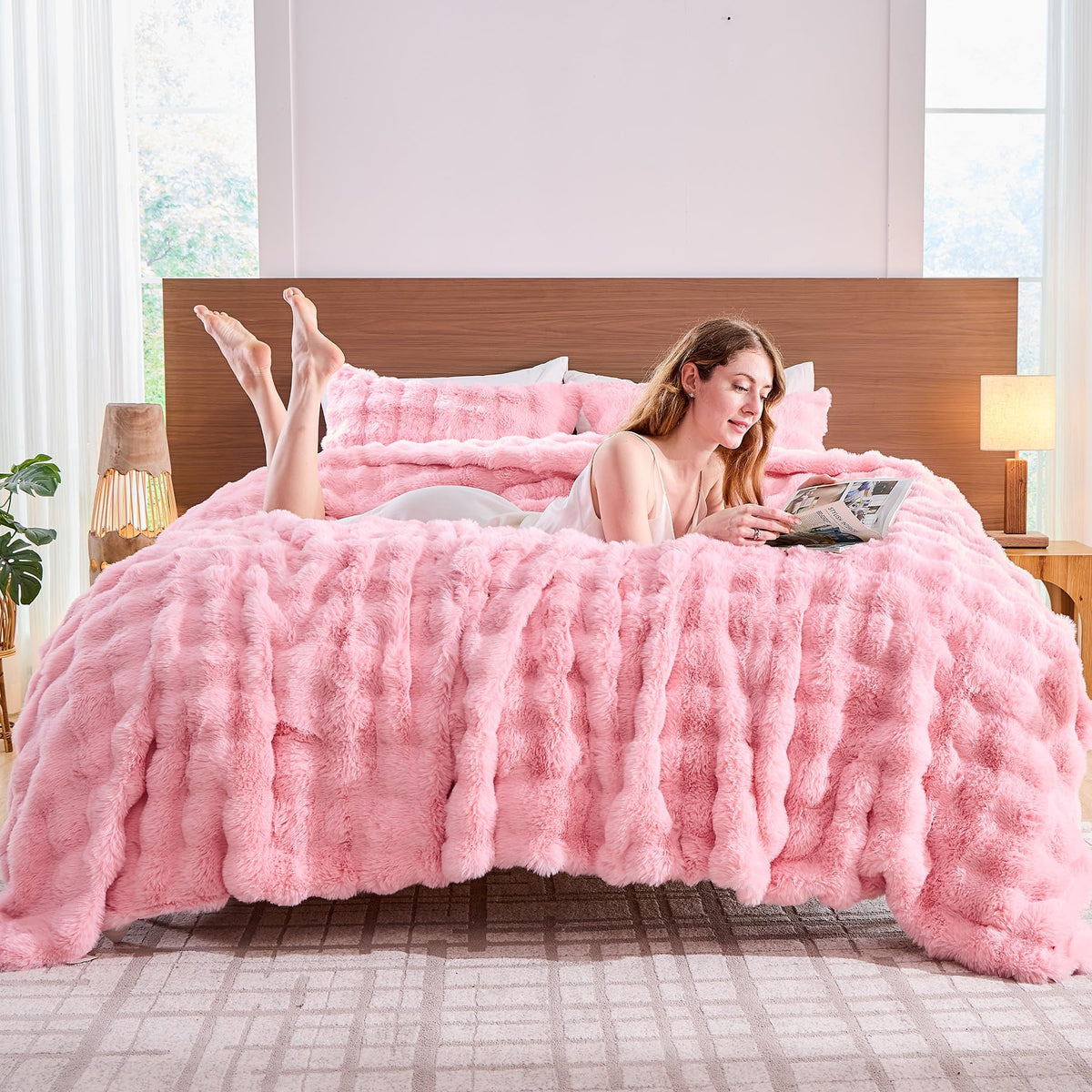 Fluffy Comforter Cover Set - Rabbit Fluff Faux Fur Duvet Cover Pink Plush Fuzzy Furry Bedding Sets
