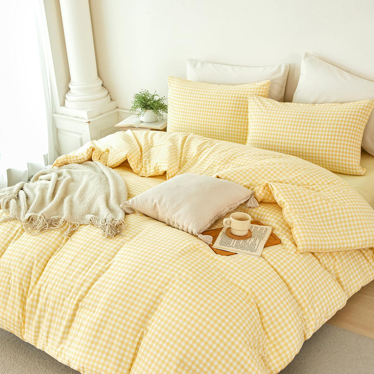 Gingham Bedding Sets 5Pcs Yellow Soft Plaid Bed in a Bag