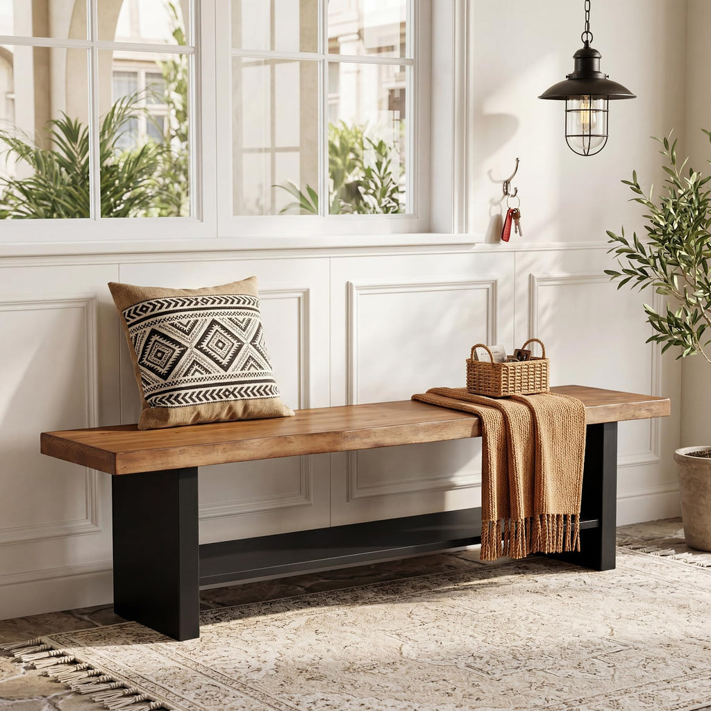 55" Solid Wood Bench with Shoe Storage, 2-Tier Farmhouse Entryway Bench, Narrow Rustic Brown Bench