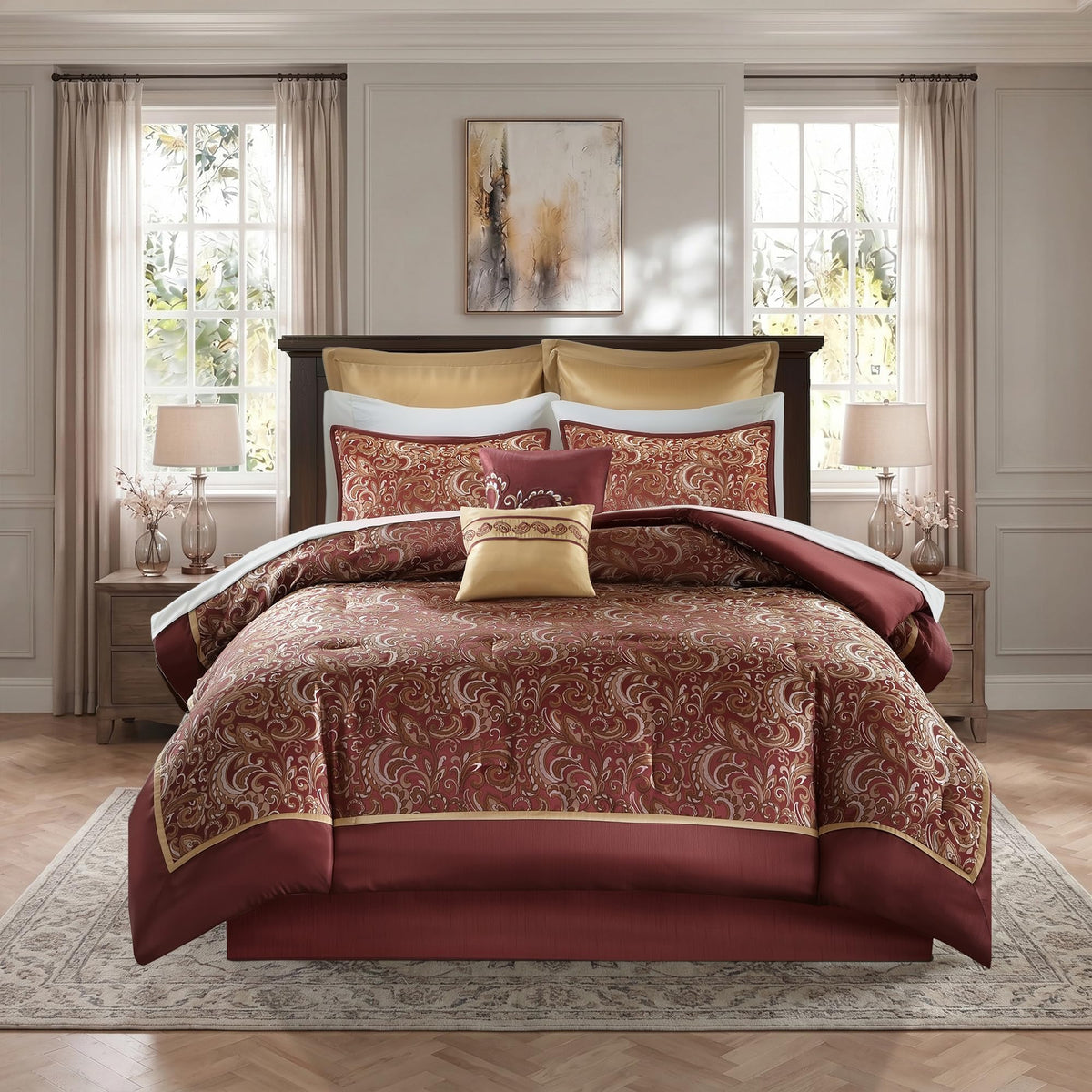 Luxury Jacquard Comforter Set 8-Piece Bedding Set, Elegant Damask Design with Bed Skirt & Decorative