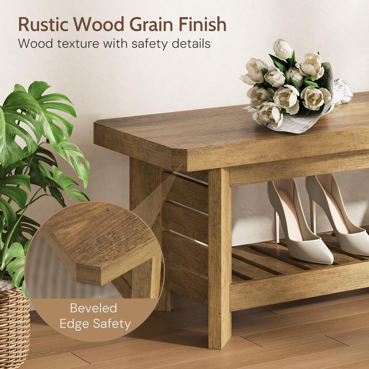 63" Entry Way Bench, Long Wood Entryway Benches Bedroom, Farmhouse Indoor Shoe Storage Bench Seat, Rustic Brown