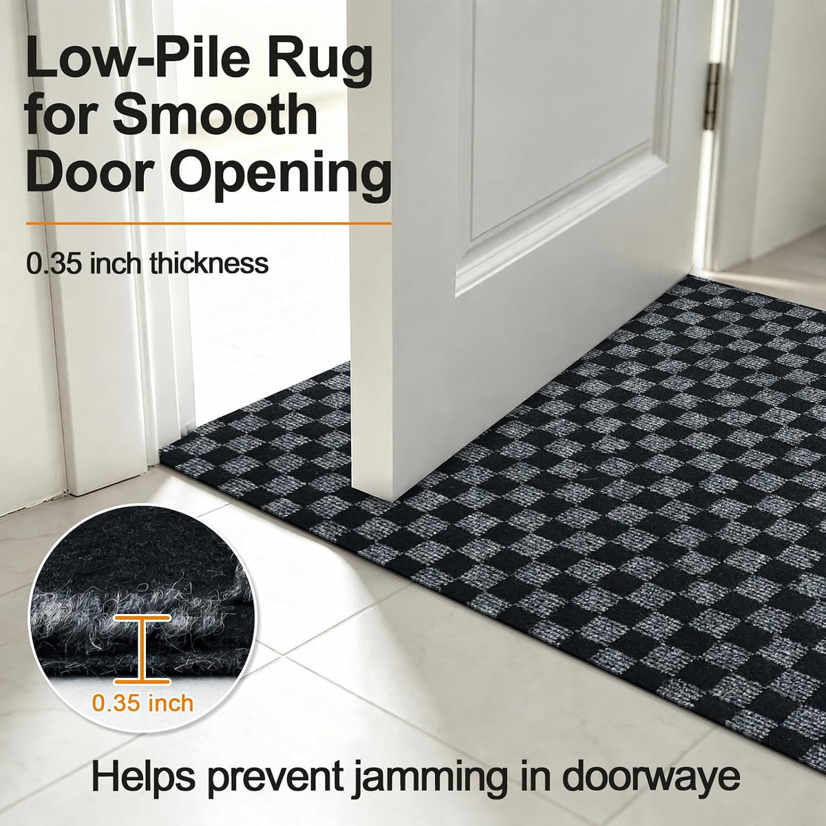 2x8 FT Non-Slip Kitchen Rugs with Rubber Backing, Black Check