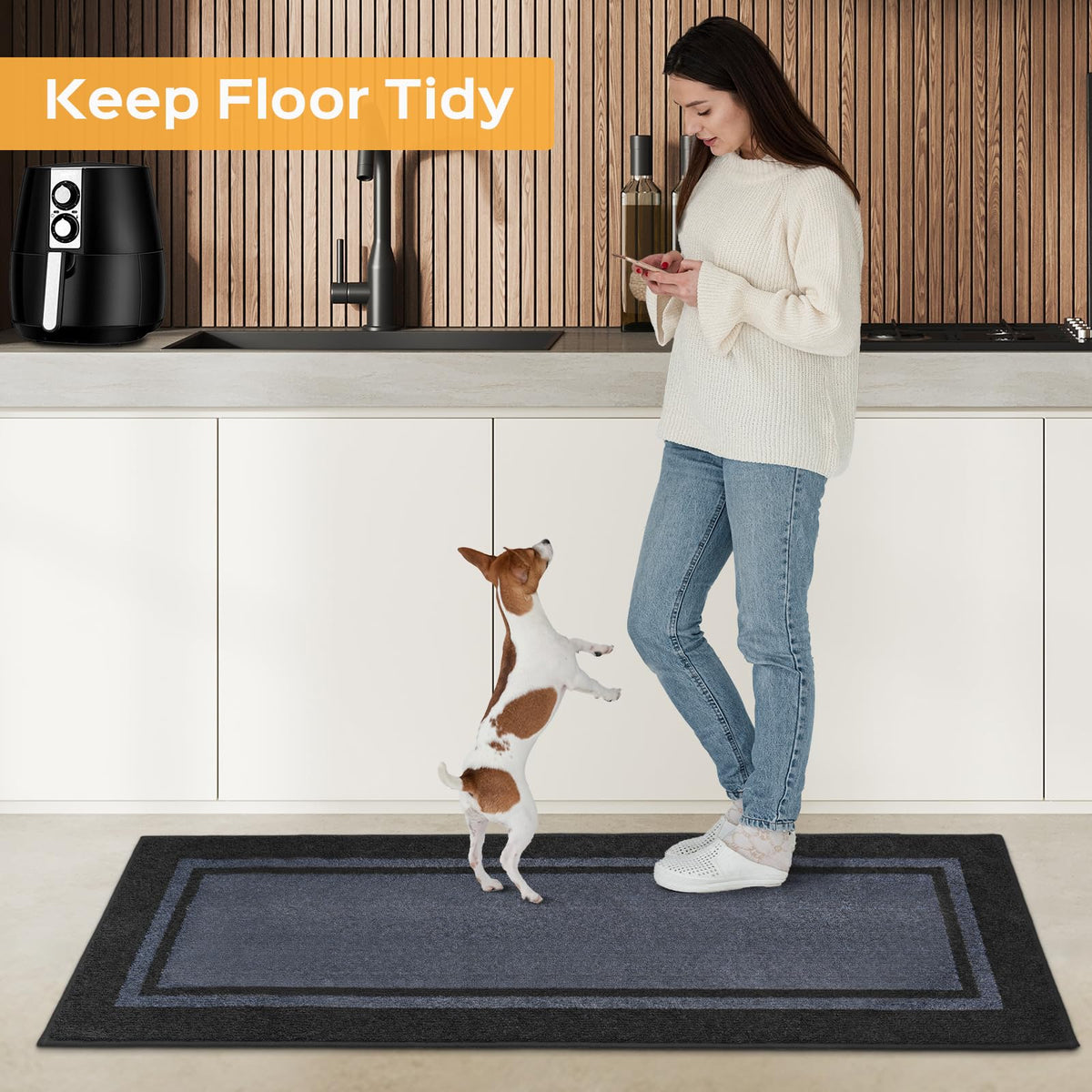 Kitchen Rugs 24" x 70", Non-Slip Runner Rugs, Bluish Grey & Charcoal