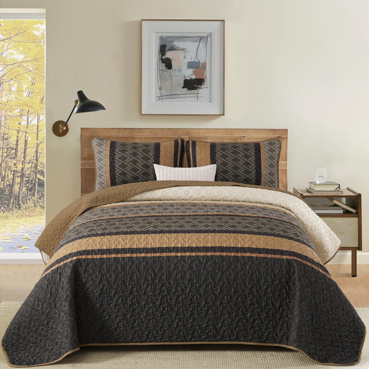 Quilt, Striped Fall Bedding Set, Boho Bedspread, Brown