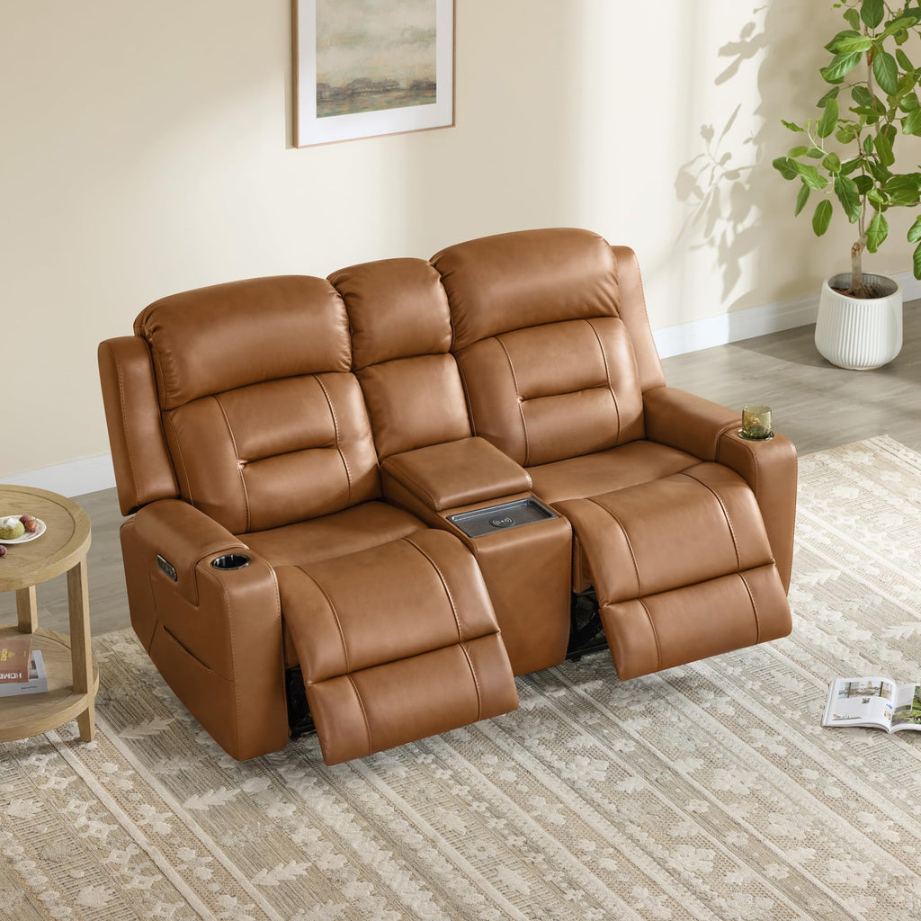 Genuine Leather Power Reclining Sofa & Loveseat Set, Saddle