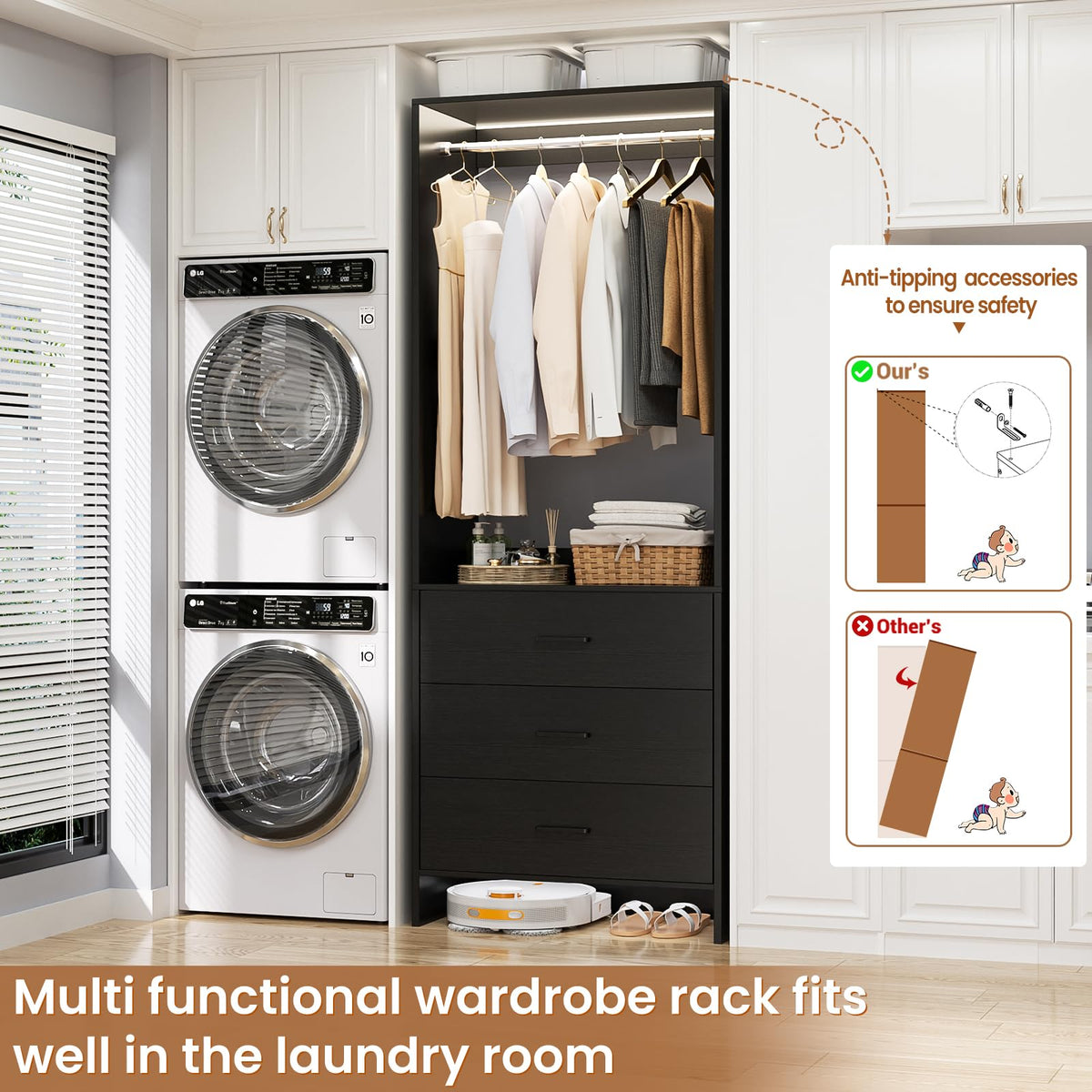 1.8FT Closet System with 3 Drawers, 21.5'' Closet Organizer, Black