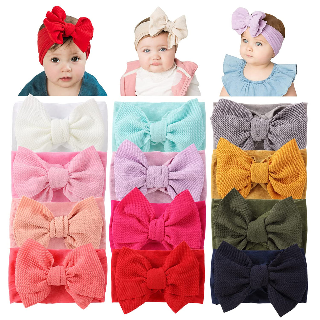 12 Pack Oversized Colorful Solid Stretchy Nylon Headbands with Big Bow Large Knot Hair Bows Soft Elastic Hair Bands