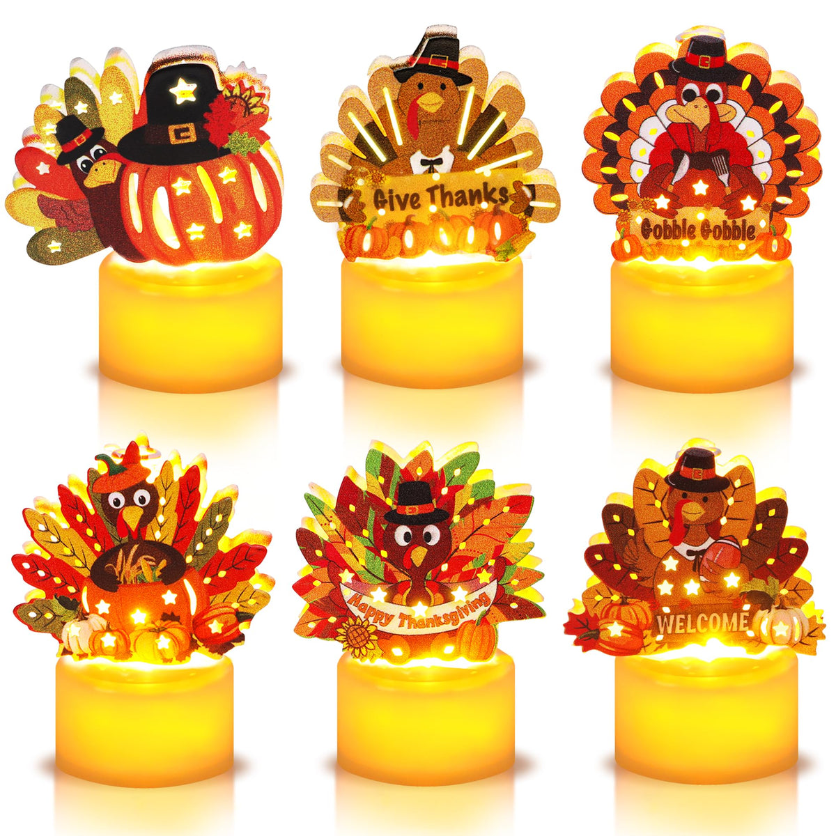 Thanksgiving Table Decorations 6 Pack Turkey Flameless LED Candles Battery Operated Turkey Tea Lights for Mantle