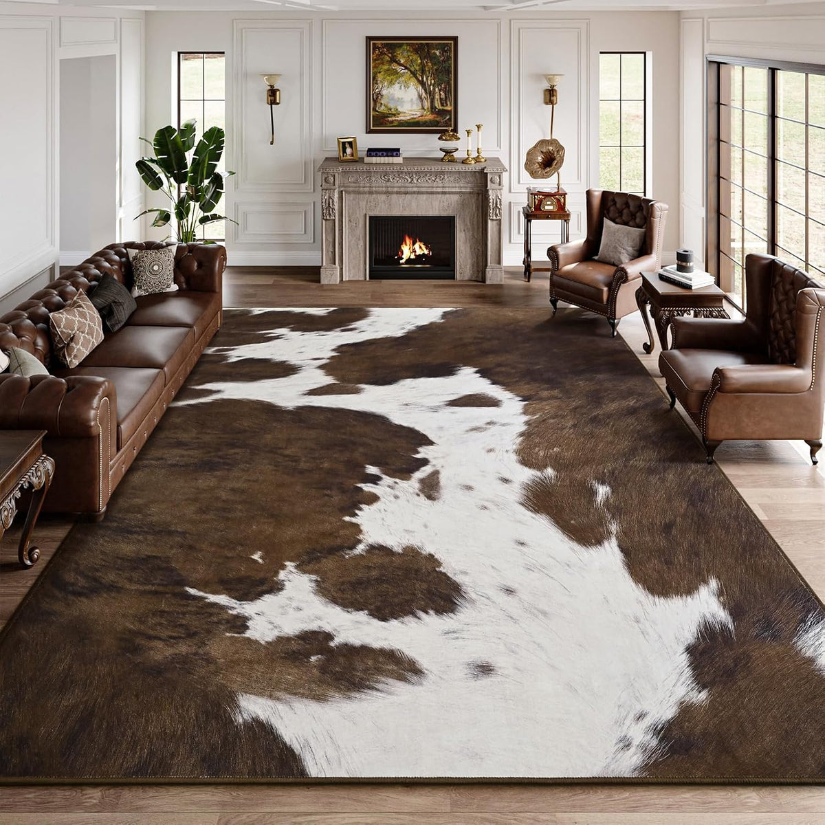 Cow Print Rug - Brown Faux Cowhide Rugs, Washable Soft Non-Slip Stain Resistant Animal Cow Hide Carpet Bedroom