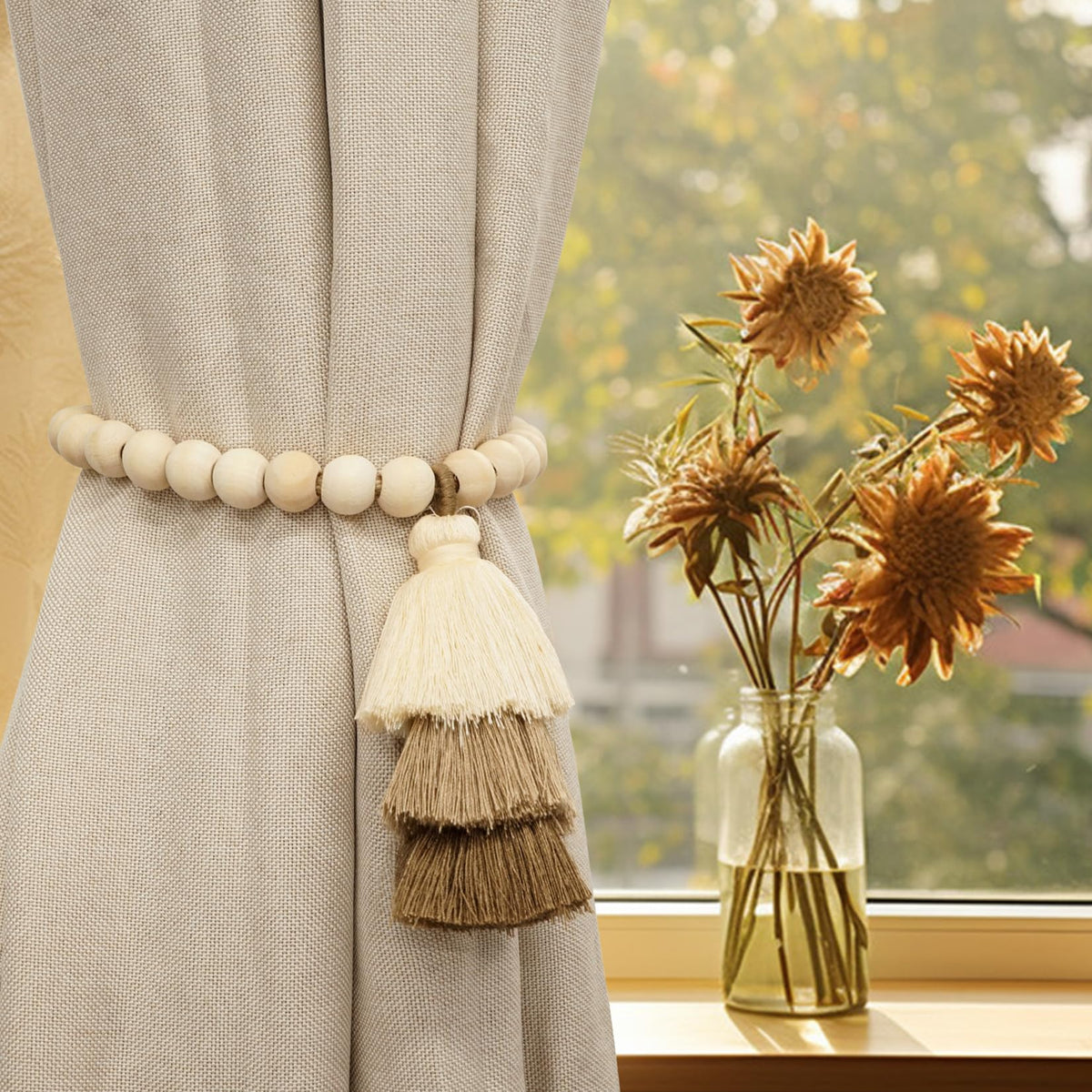 No Drill Curtain Tiebacks with Strong Magnetic Closure, Natural Wood Beads Boho Holdbacks with Triple Tassels