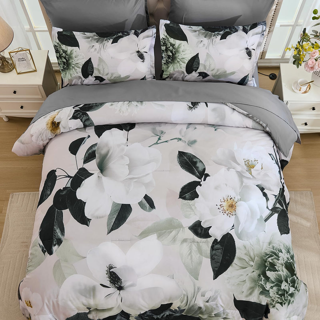 Luxury Grey Floral Comforter Set 7 Pieces