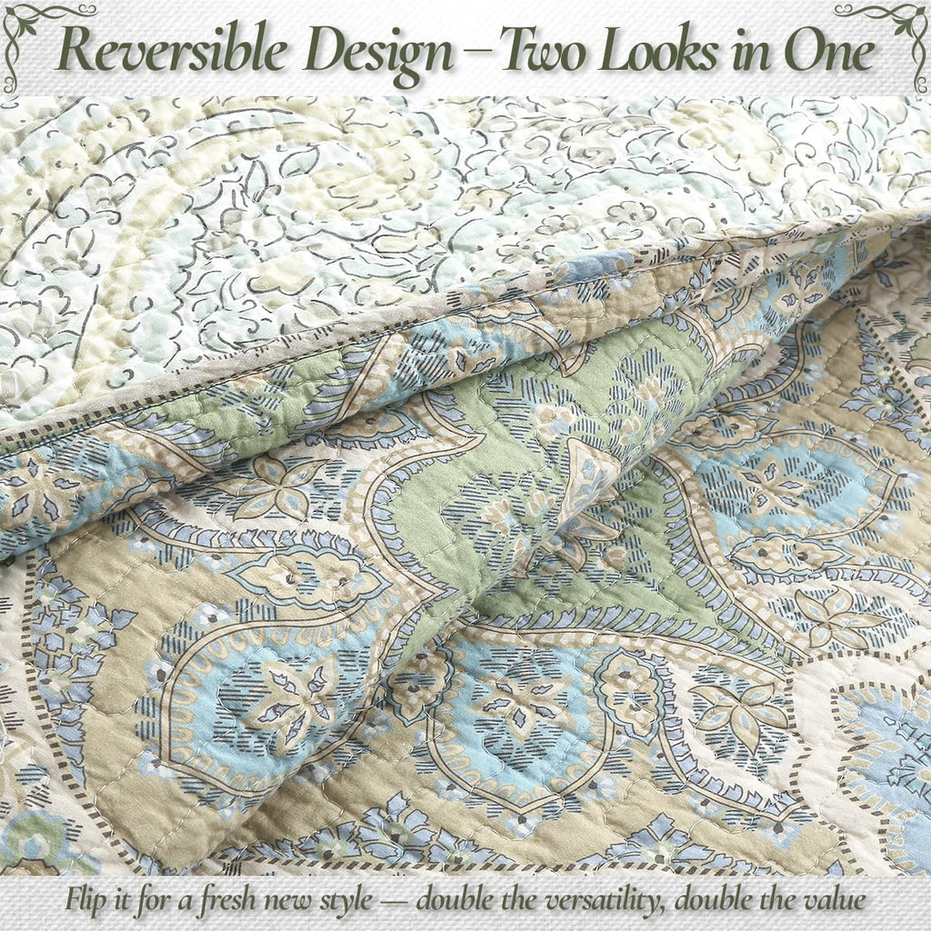 Blue Green Paisley Quilt Set - 3-Piece 100% Cotton Reversible Bedspread with Shams, Lightweight All Season Medallion