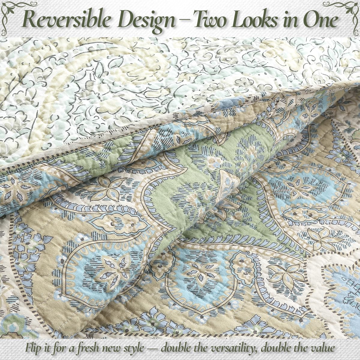 Blue Green Paisley Quilt Set - 3-Piece 100% Cotton Reversible Bedspread with Shams, Lightweight All Season Medallion