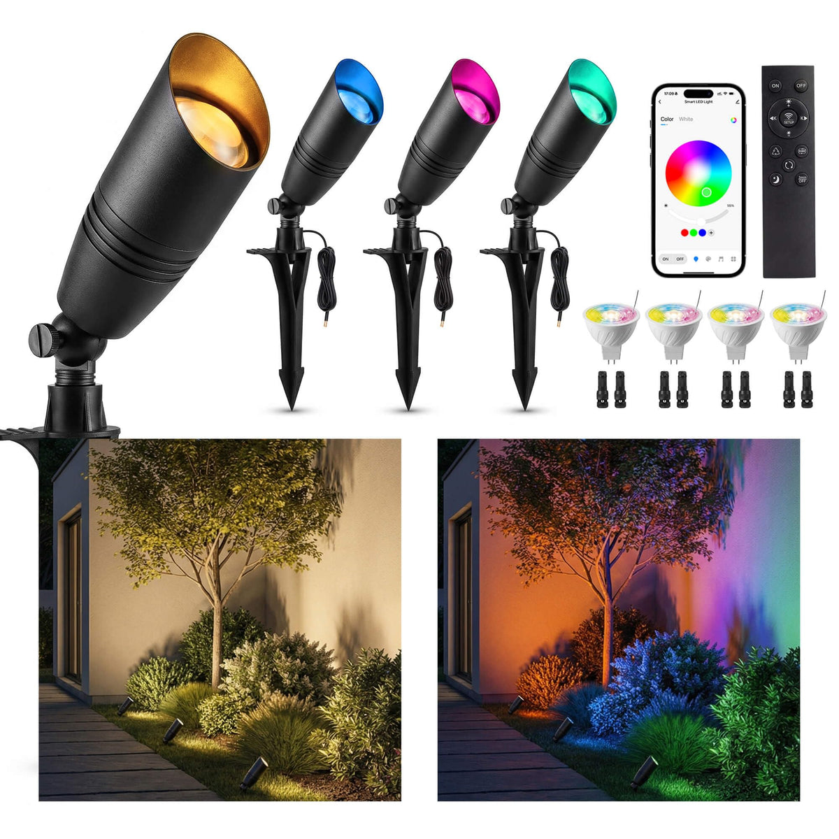 Smart RGBCW Landscape Spotlights, 12V Low Voltage Lights, 4 Pack