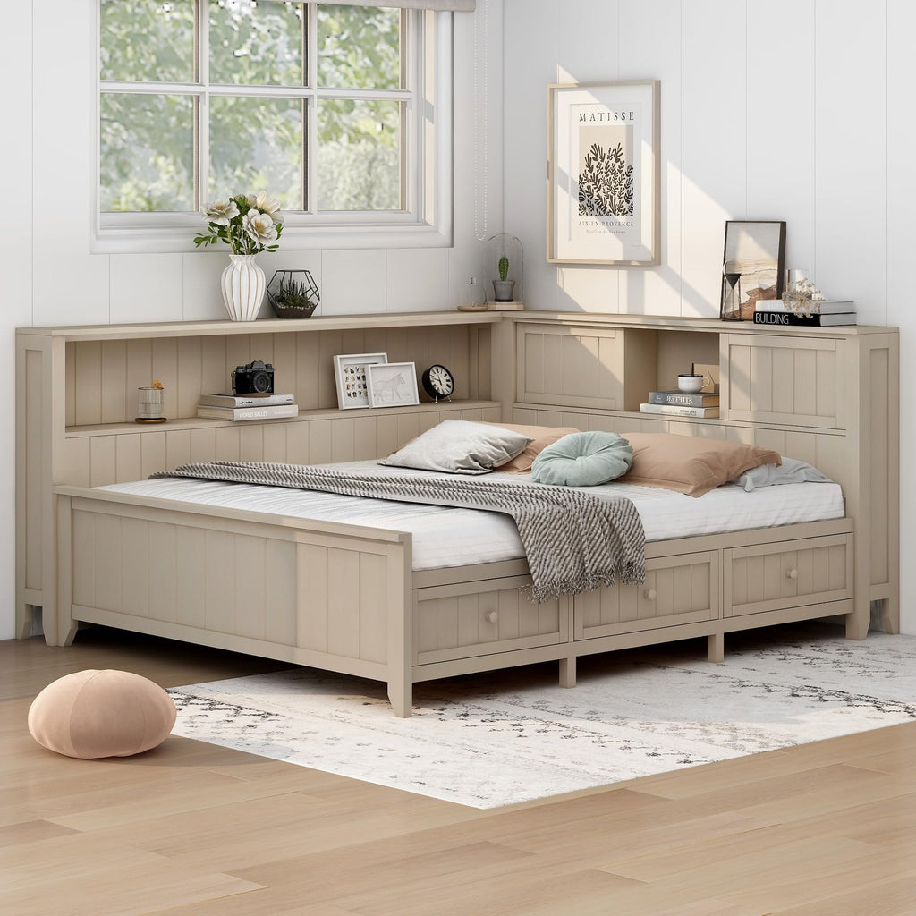 Wood Day Bed with Storage Drawers, Farmhouse Daybed with Shelves, Storage Headboard and Sliding Doors, L