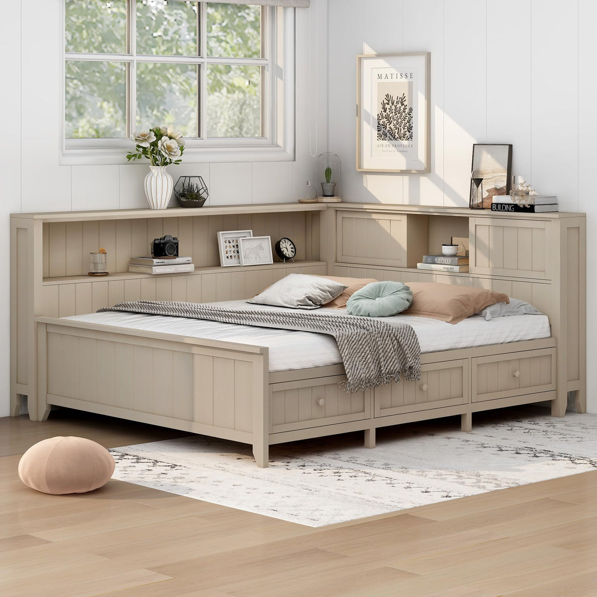 Wood Day Bed with Storage Drawers, Farmhouse Daybed with Shelves, Storage Headboard and Sliding Doors, L