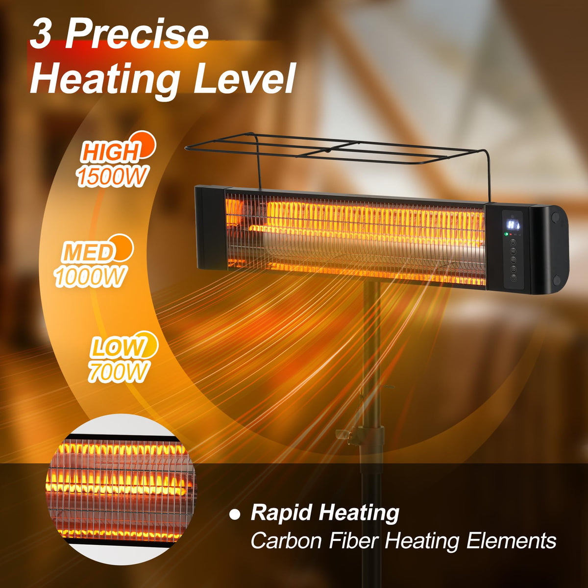 Infrared Patio Heater 1500W Outdoor Heaters Electric Space Heater 3 Heating Modes Outdoor/Indoor Use Heater