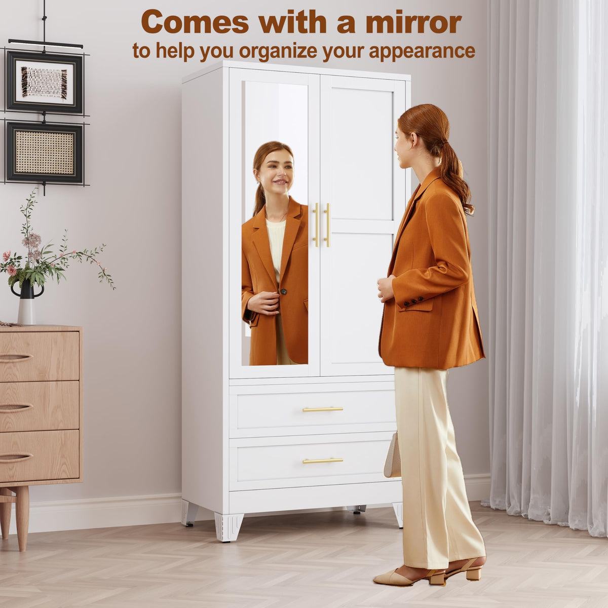 Metal Armoire Wardrobe Closet, 71" Tall Bedroom Closet with Mirror