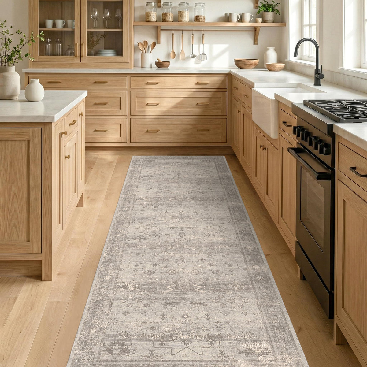 Greige Washable Long Hallway Runner Rug with Non Slip Backing, Kitchen Runner, Low Pile Area Rug, Laundry