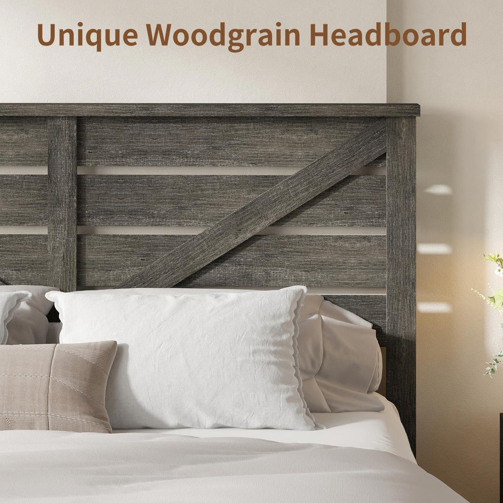 Farmhouse Wooden Bed Frame with 49.2" Headboard, Grey