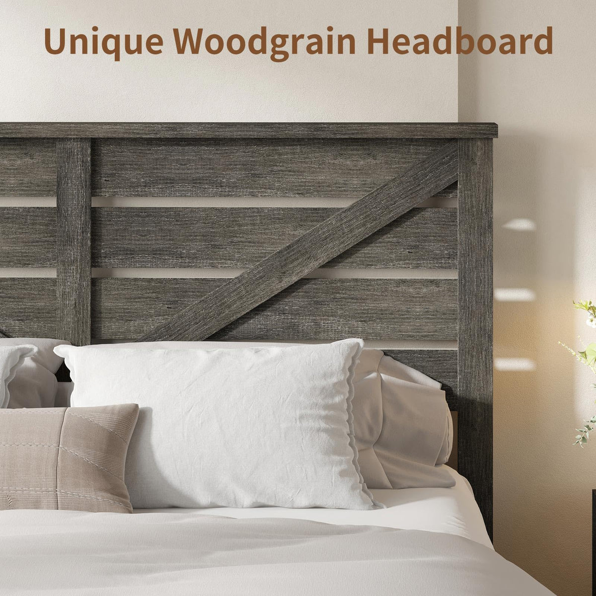 Farmhouse Wooden Bed Frame with 49.2" Headboard, Grey