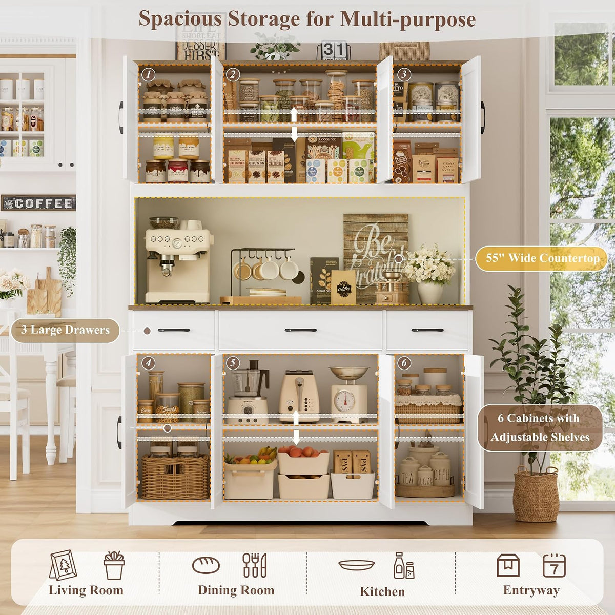 71" Tall Kitchen Pantry Storage Cabinet, 55" W Kitchen Hutch, White | Large Pantry Cabinet with Charging Station /