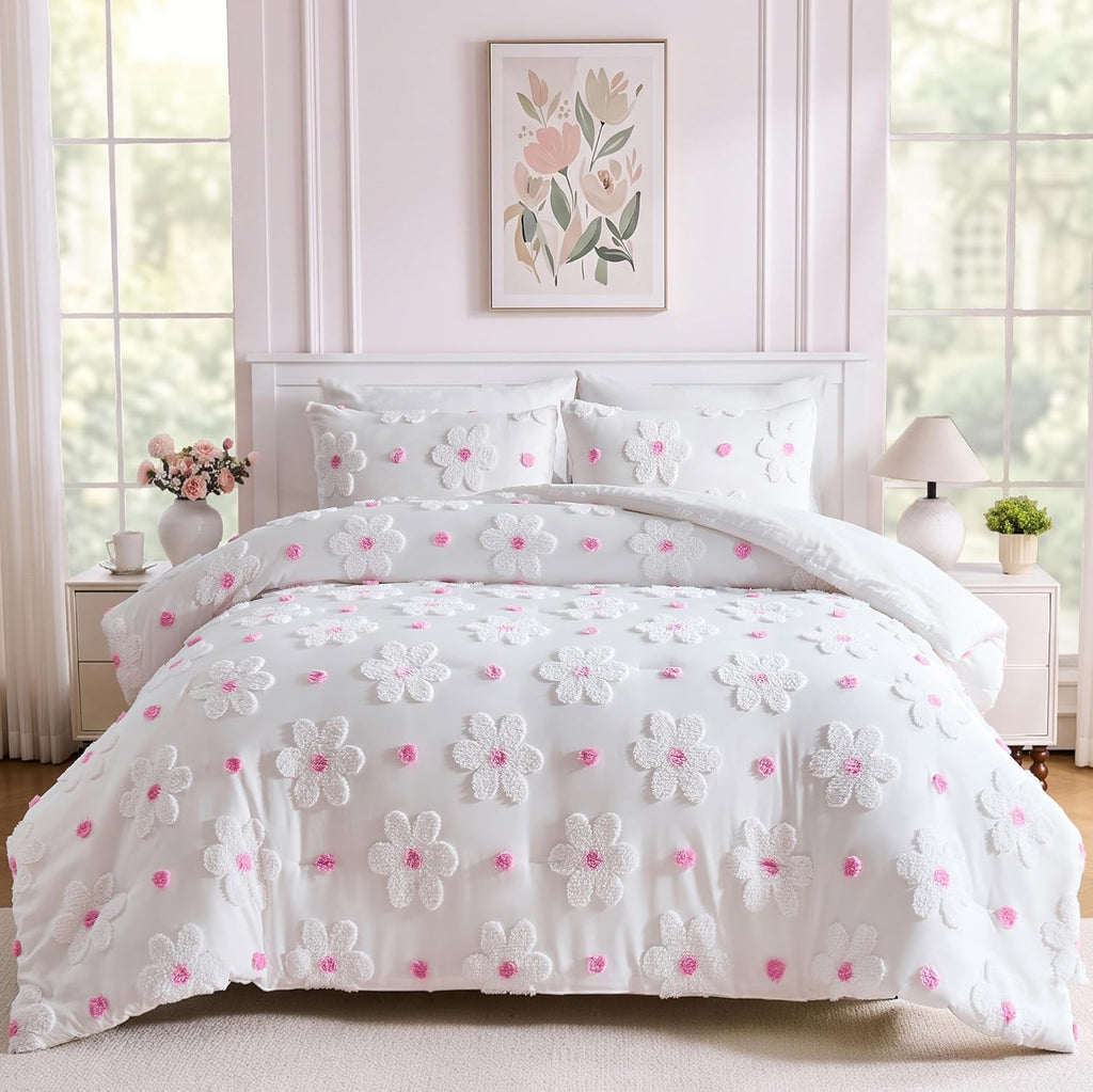 Comforter Set for Girls Pink Tufted Daisies Flowers Bedding Set