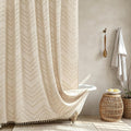 Boho Farmhouse Shower Curtain Woven Fabric Cute Beige Shower Curtain, 72 x 72 Tufted Chevron Textured Striped Modern