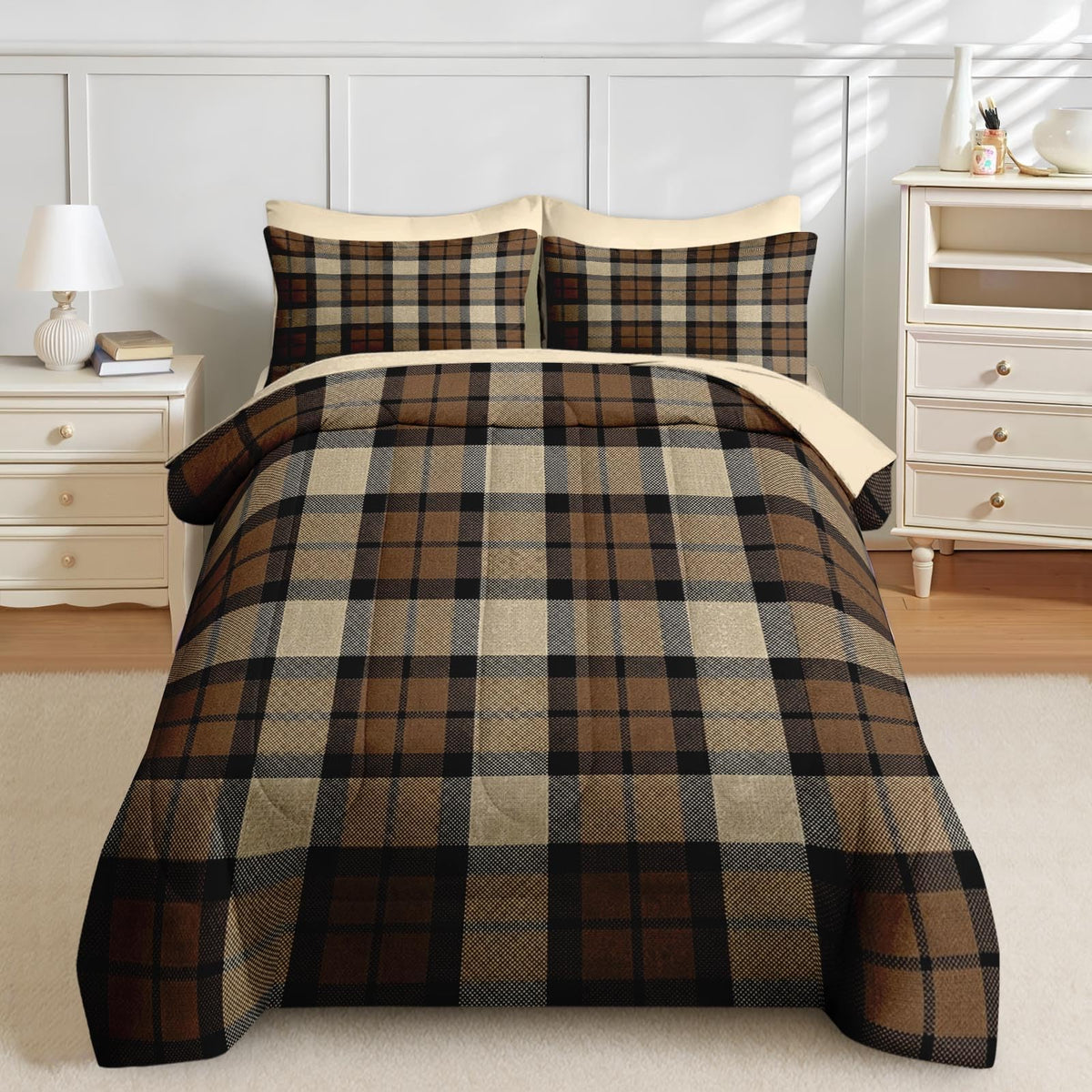 Comforter Set with Sheets, 7 Pieces Plaid Brown Bedding