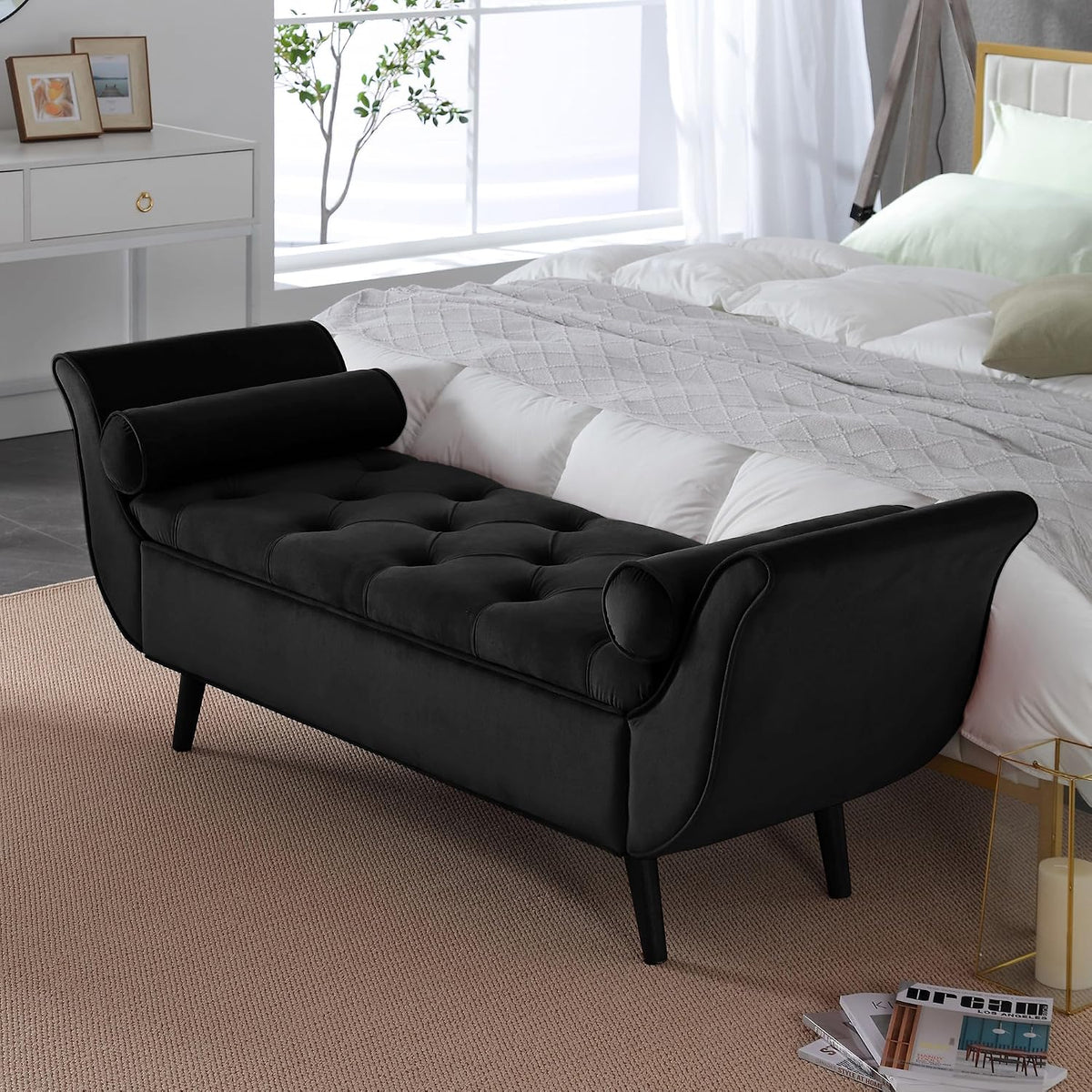 65" Velvet End of Bed Bench, Tufted Storage Ottoman with Pillows | Velvet upholstery, Button-tufted design, Hidden