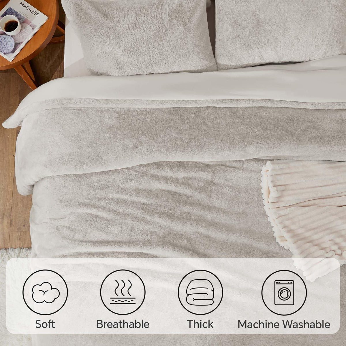 Faux Fur Comforter Set Linen, Warm Bedding with 2 Pilowcases