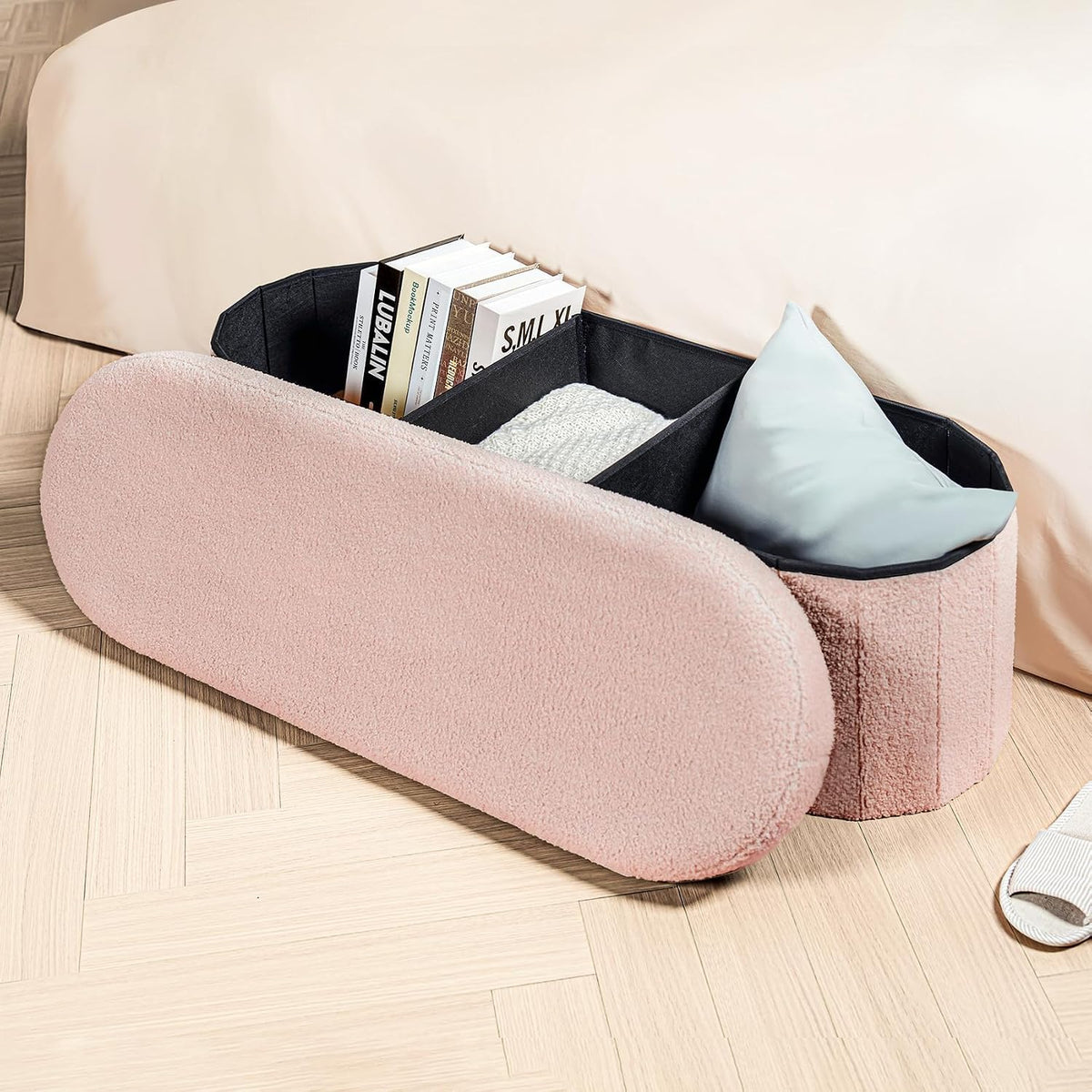 Ottoman with Storage , Sherpa Folding Storage Ottoman Foot Rest, 43.3 Inches Collapsible Bedroom Bench Pink