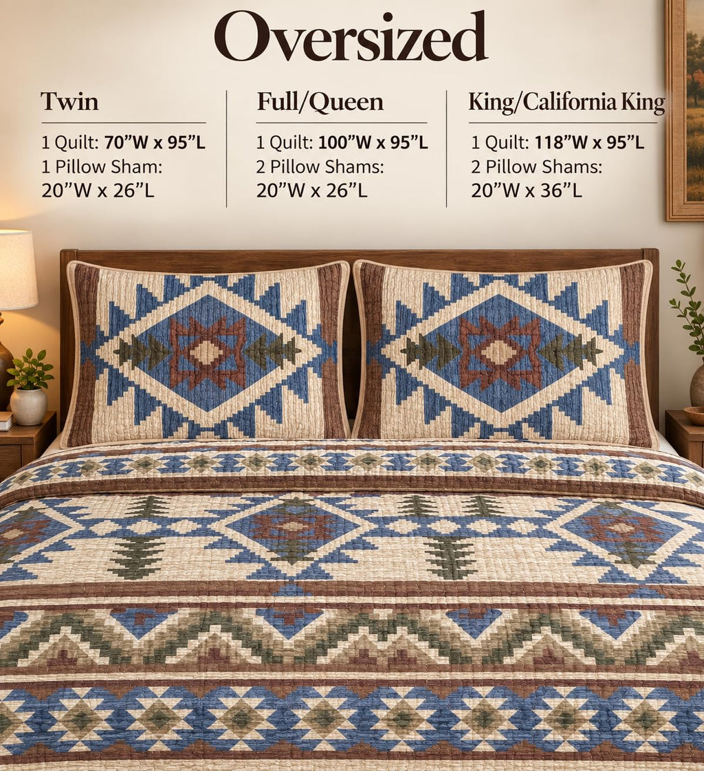 Rustic Western Southwestern Native American Tribal Navajo Design Oversized Bedspread Quilt Set in Beige Taupe Brown