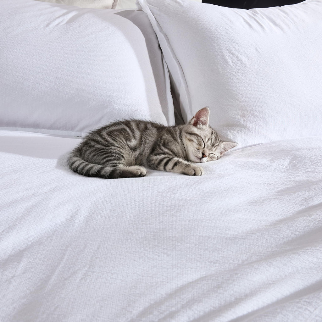 White Jacquard Duvet Cover Set with Zipper Closure, Modern Washed Soft Striped Bedding, Textured