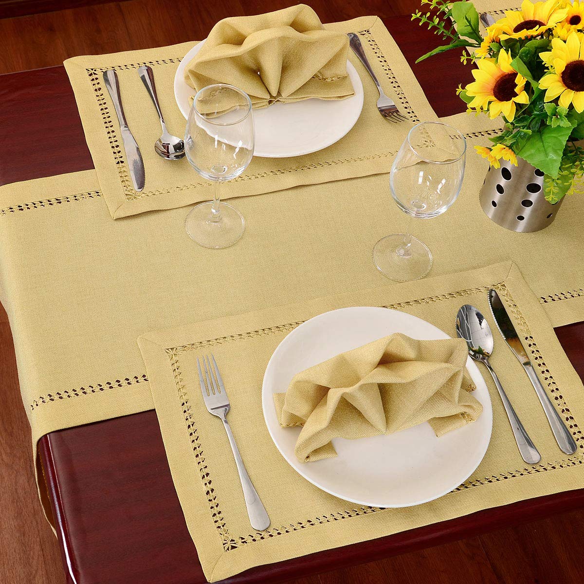 Handcrafted Solid Color Dining Table Placemats, Double-Hemstitched (Yellow, 12 x 18 Placemats (Set of 4))