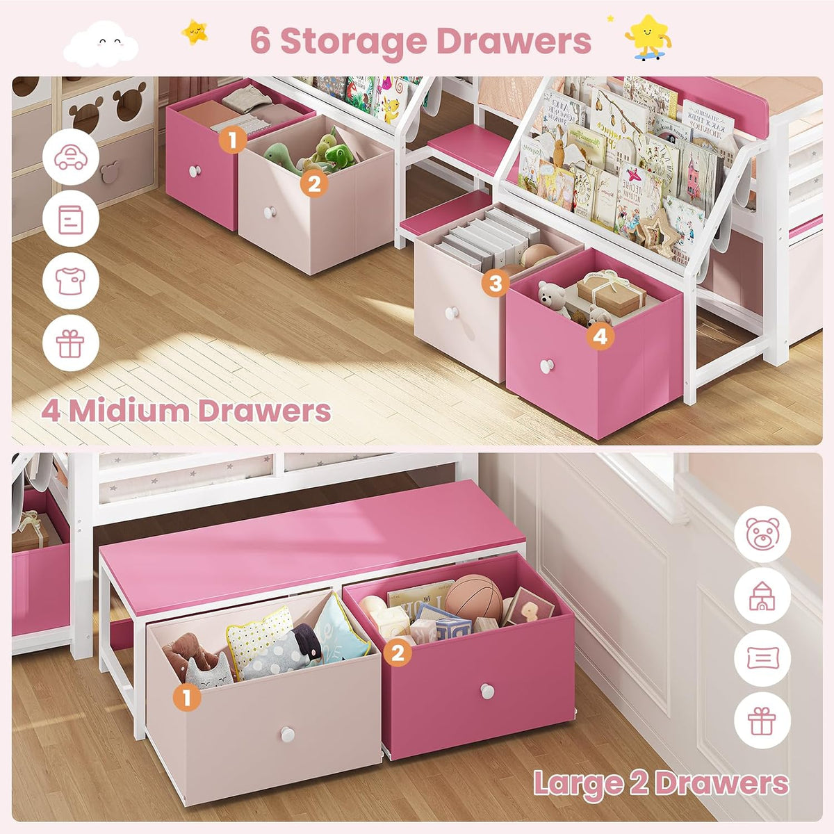 Montessori Kids Floor Bed with Guardrails & 6 Storage Drawers, Pink