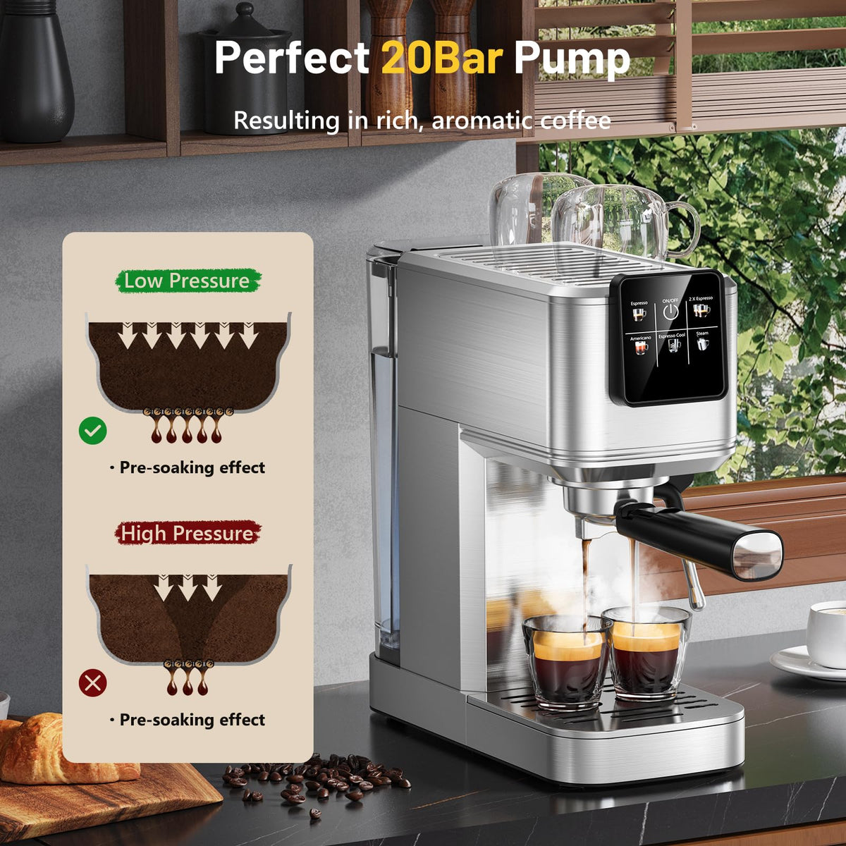 Espresso Machine 20 Bar with Touch Screen, Hot & Iced Coffee Makers, Stainless Steel Espresso Maker with Rapid Cold