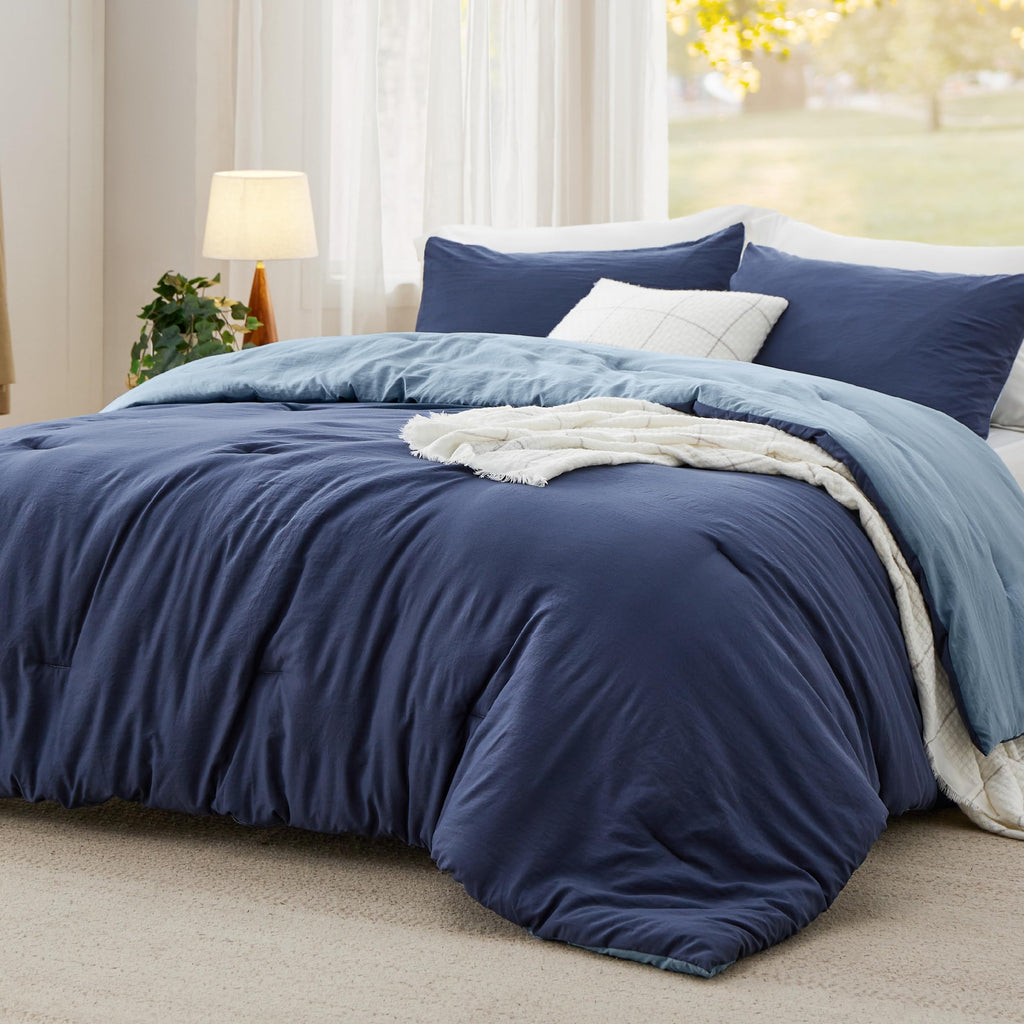 Comforter Set Prewashed Soft Bedding 3Pcs Navy/Blue 90"x90"