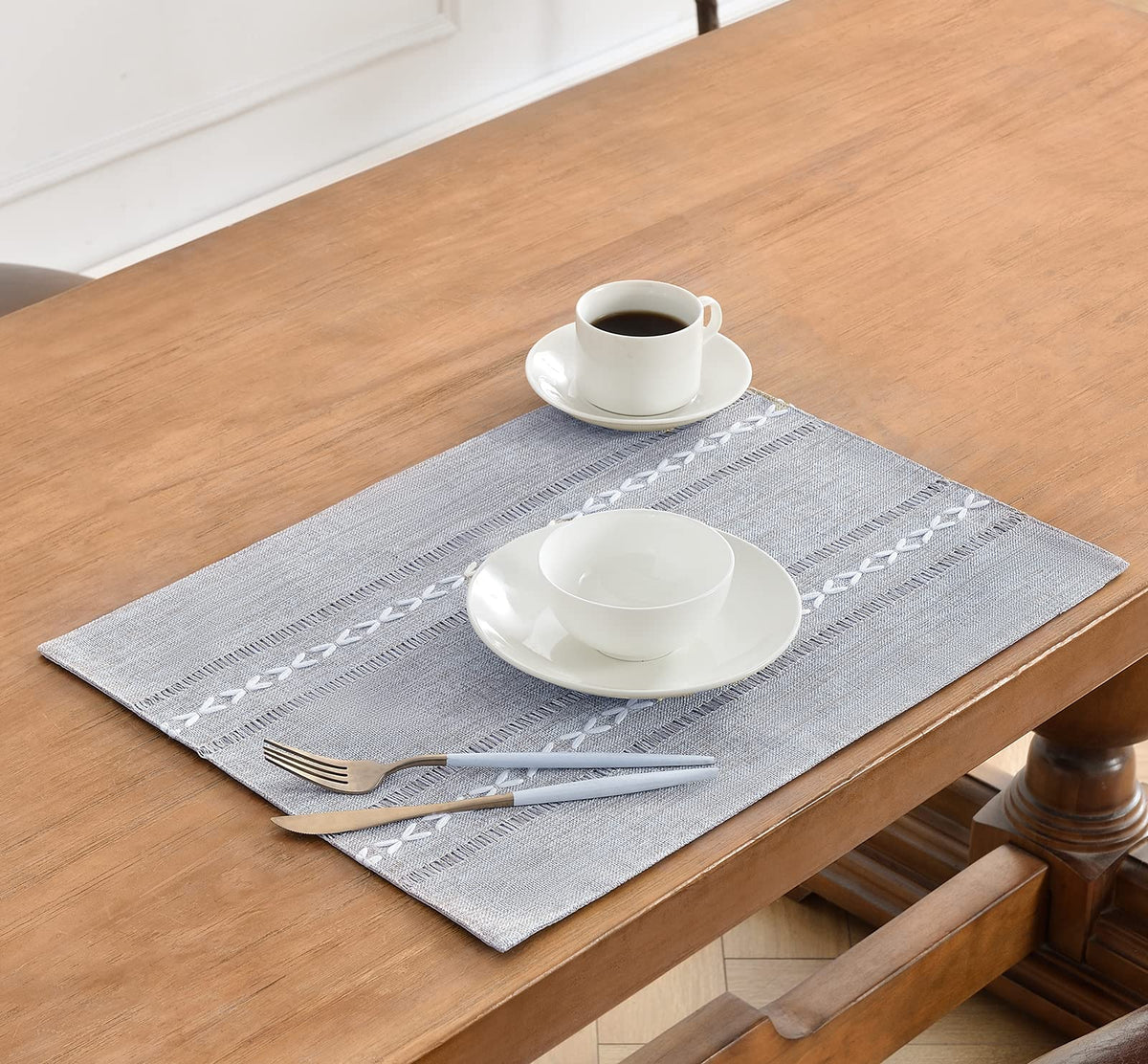 Linen Place Mats, Grey Embroidered Placemats Set of 4