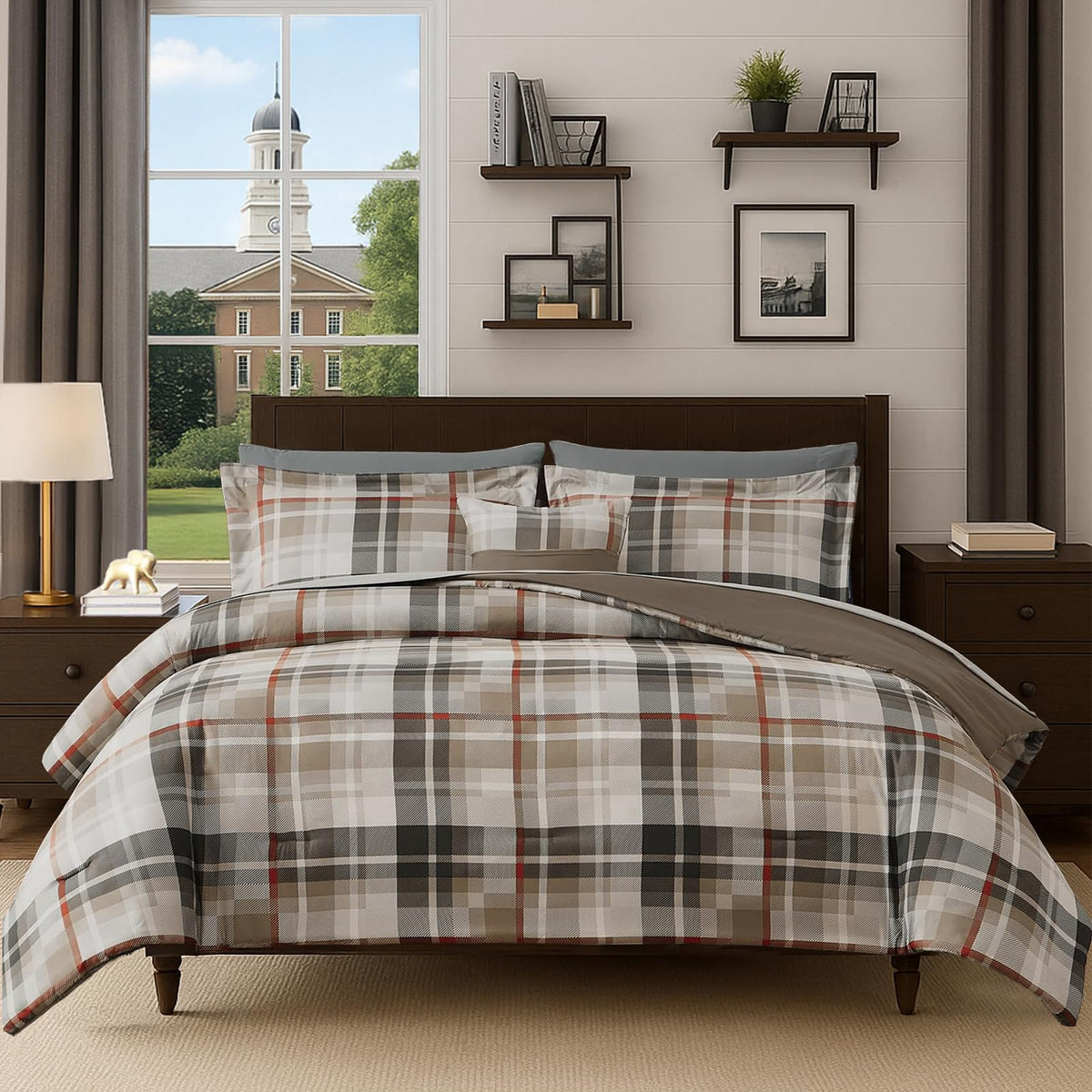 Plaid Comforter Set Khaki 7 Pieces Farmhouse Bed in a Bag