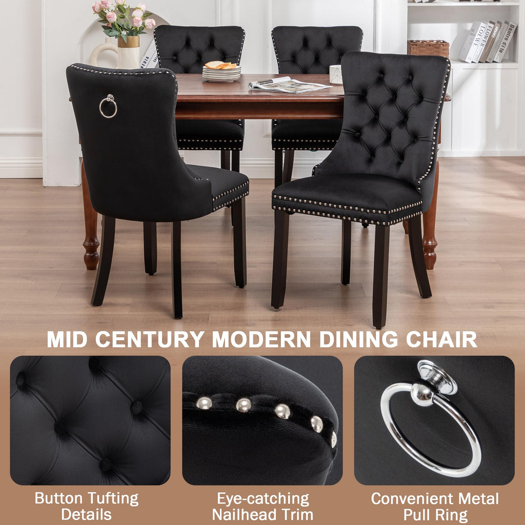 Velvet Dining Chairs, Tufted Kitchen & Dining Room Chairs, Black, Set of 4