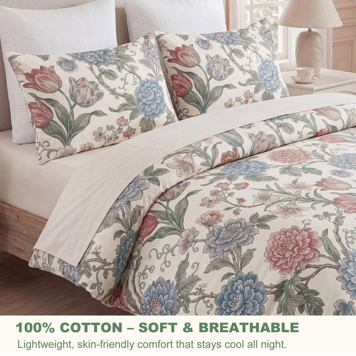 100% Cotton Duvet Cover Set, Digital Printed Vintage Floral Botanical Duvet Cover with Zipper Closure & 8