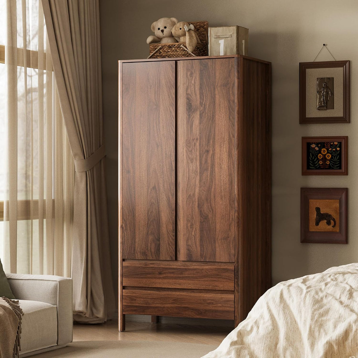 Wardrobe with 2 Doors and 2 Drawers, 70.9"H Modern Walnut Bedroom Armoire Closet with Hidden Handles, Freestanding