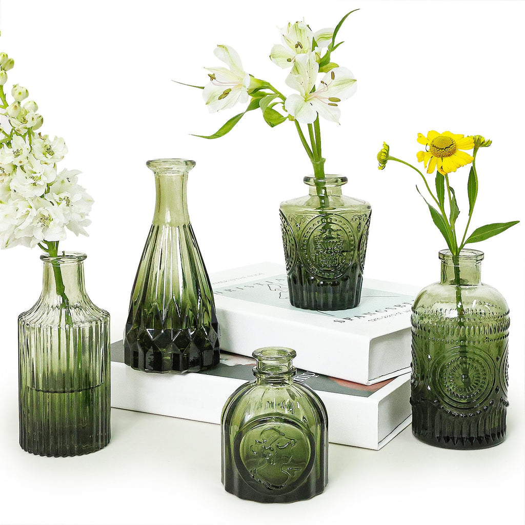 Glass Bud Vase Set of 5, Small Green Flower Vases for Centerpieces