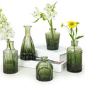 Glass Bud Vase Set of 5, Small Green Flower Vases for Centerpieces