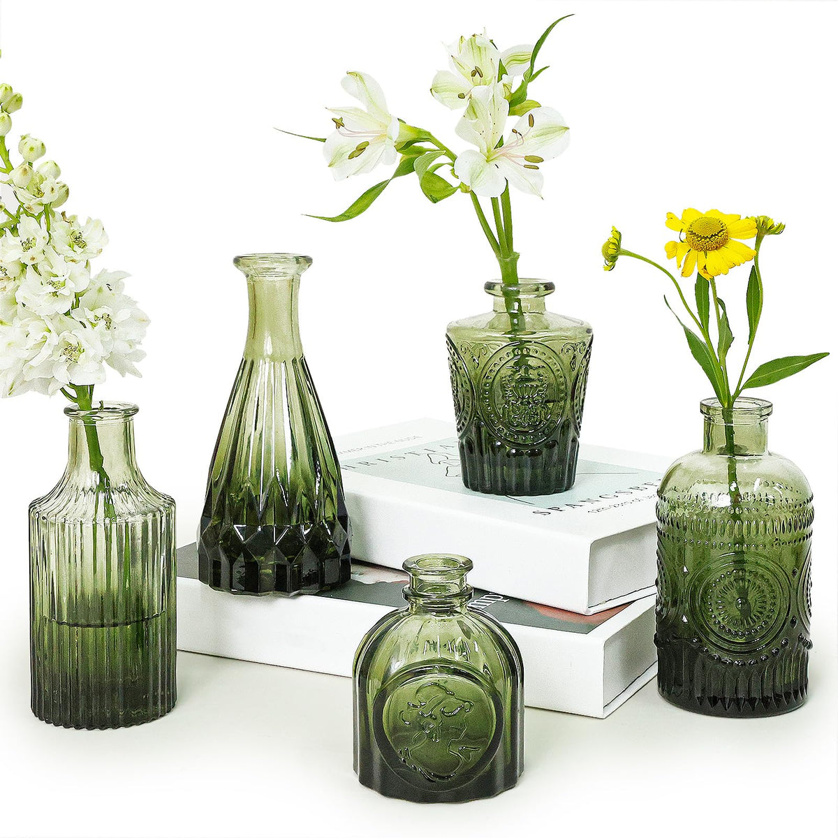 Glass Bud Vase Set of 5, Small Green Flower Vases for Centerpieces
