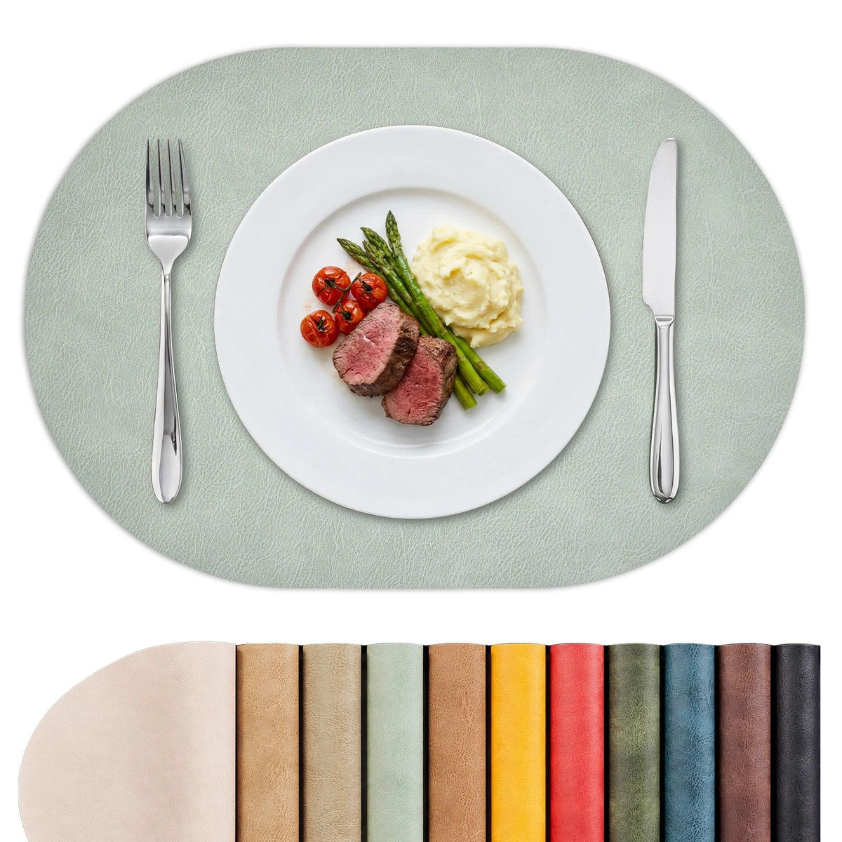Vinyl Faux Leather Oval Placemats, Set of 8, Green